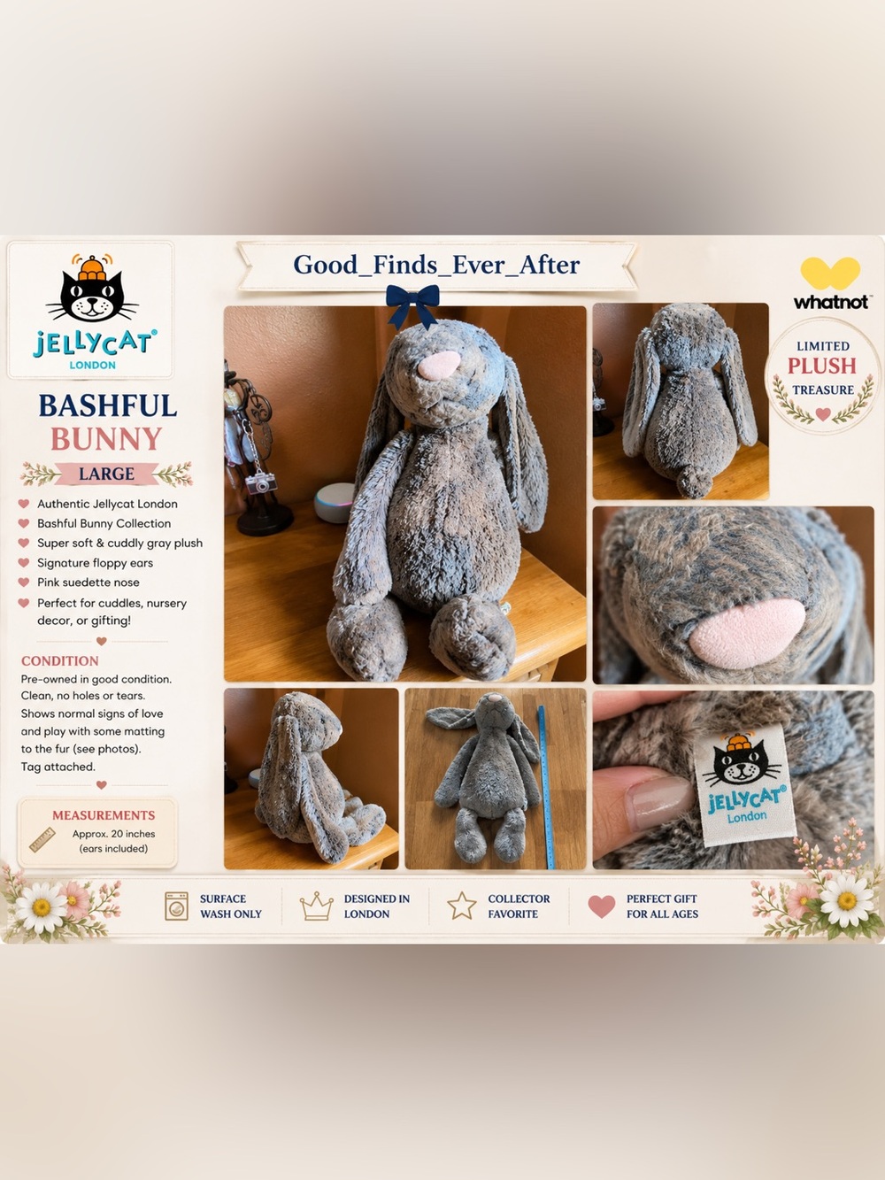 Jellycat Gray Brown Plush Bunny Rabbit Long Ears Bashful Woodland 22in